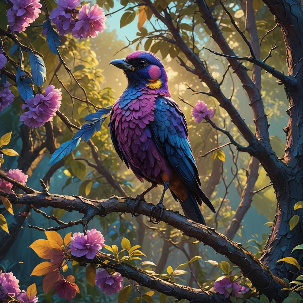 Vibrant Bird in Lush Garden: Digital Matte Painting