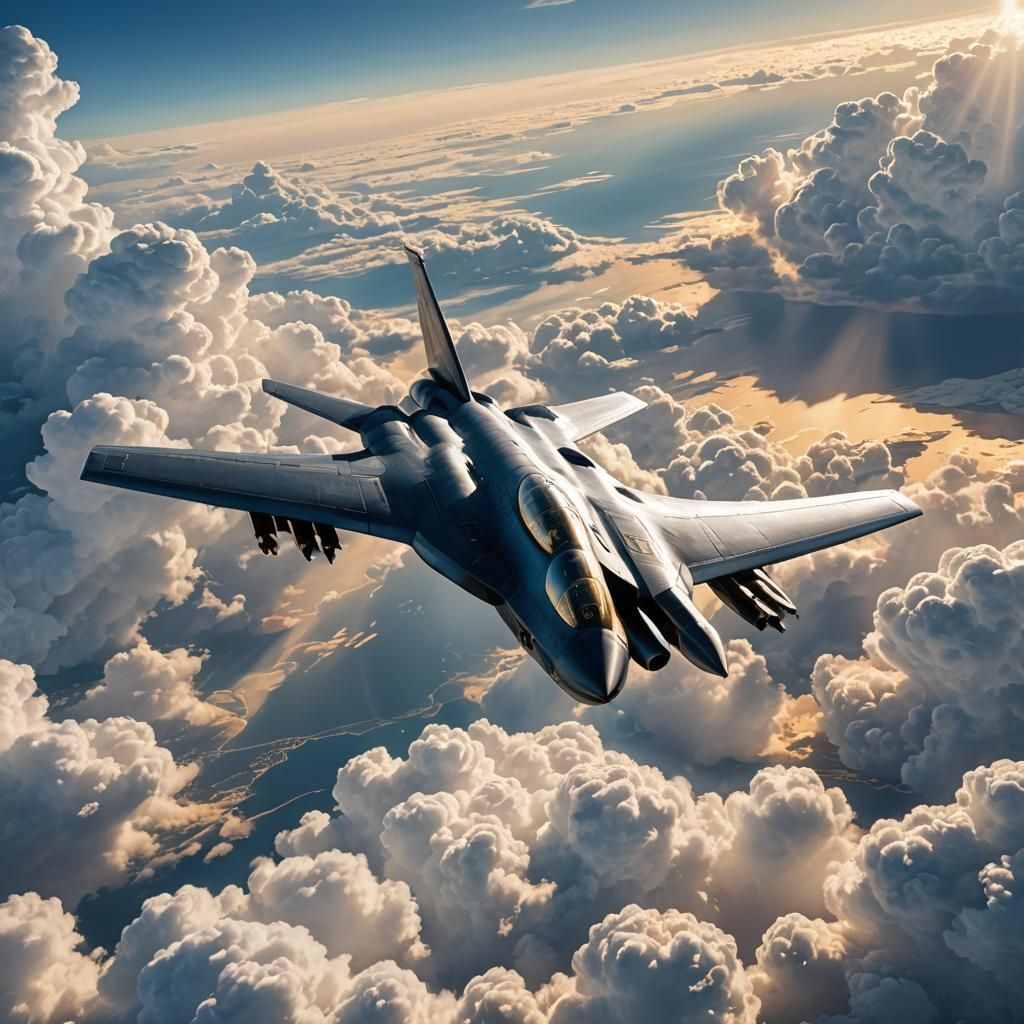 Stealth Bomber Emerges from Clouds in Golden Light