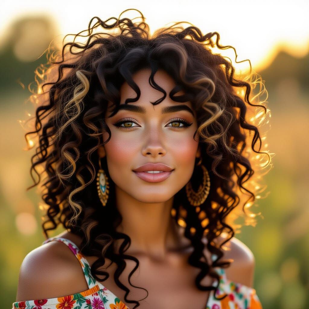 Woman with Voluminous Hippie Locs and Curly Bangs in Folk Ar...