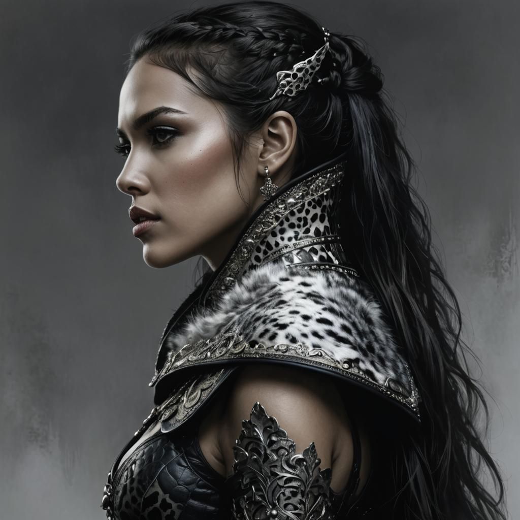 Warrior Woman in Leather and Fur, Hyperrealistic Portrait