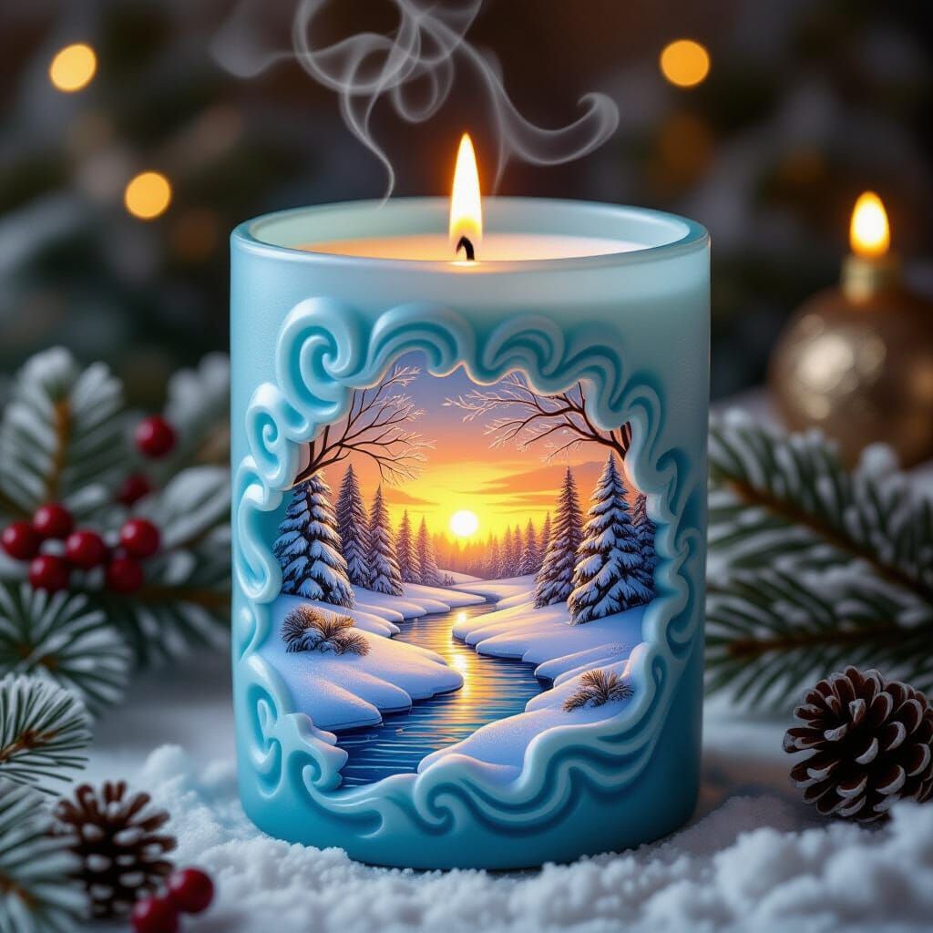 Carved Candle with Winter Scene and Glowing Sunset