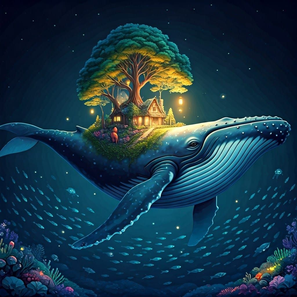 A Majestic Blue Whale Defies Gravity in a Whimsical Underwat...
