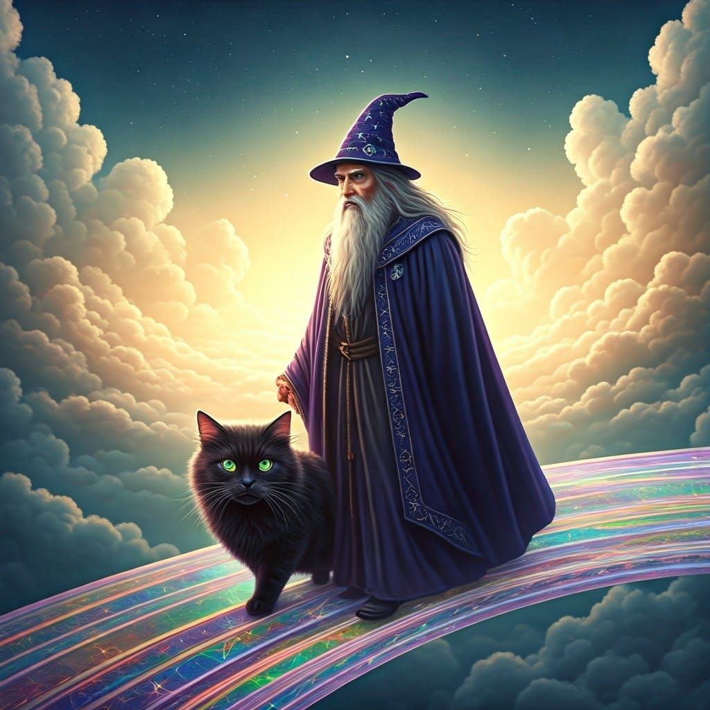 Majestic Wizard and Black Cat Walk on Rainbow Bridge in a Dr...