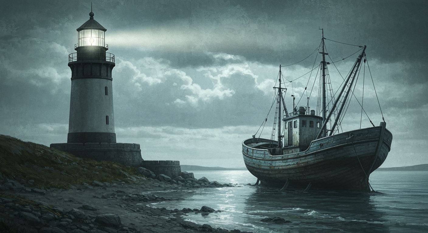 Beached Fishing Boat by Moonlit Lighthouse