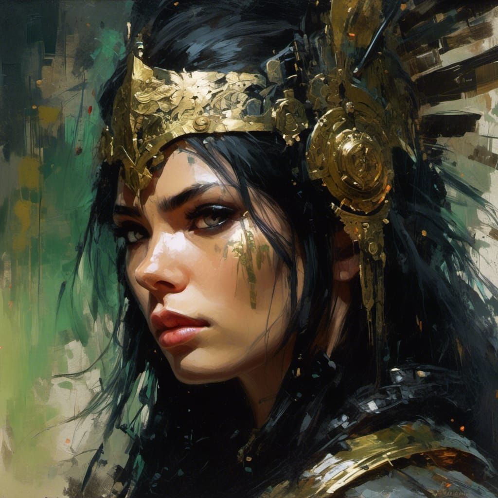 Female Warrior with Green Eyes in Oil Painting Style