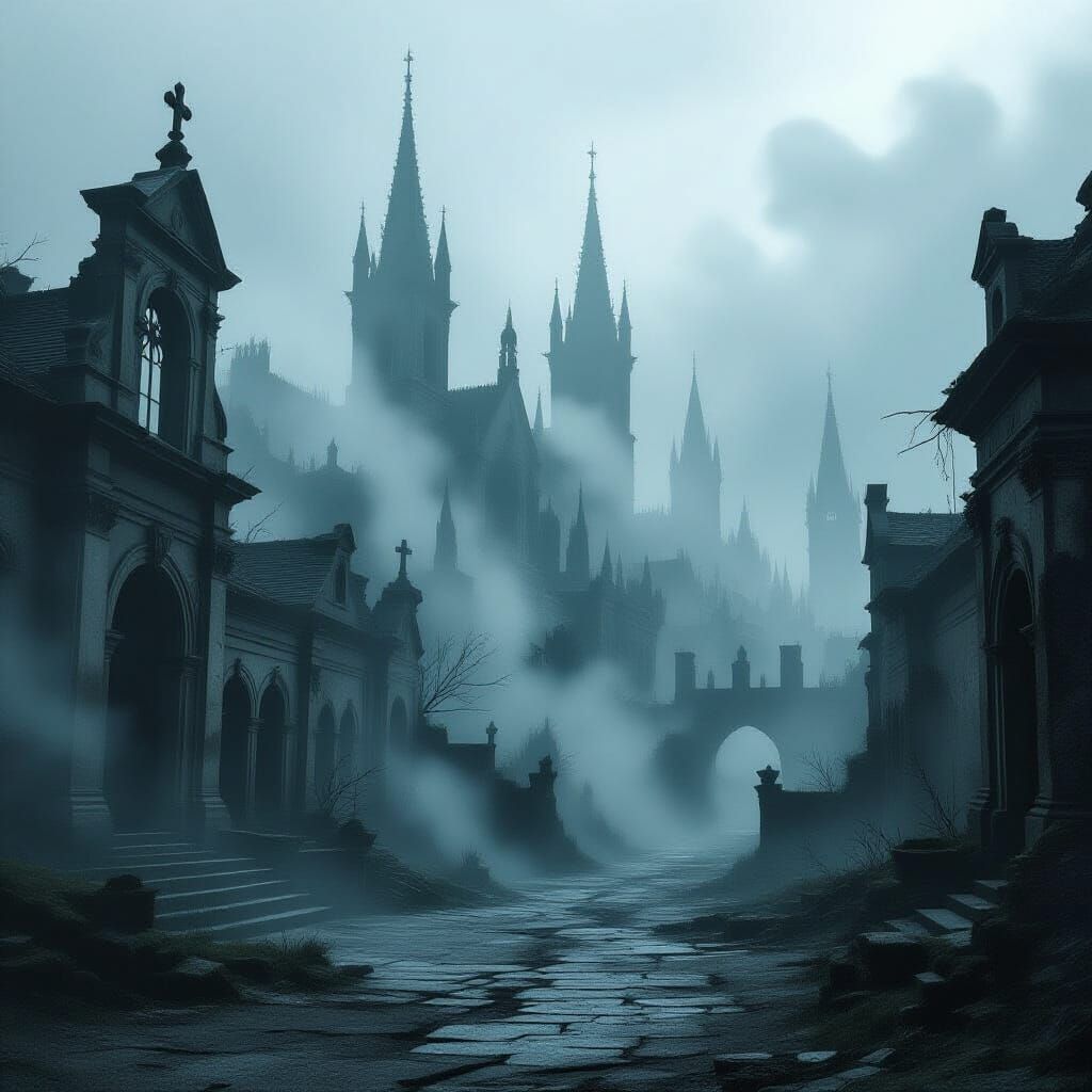 Abandoned Gothic City in Oppressive Fog