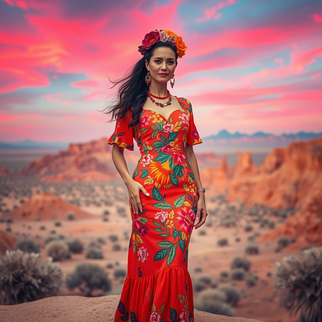 Woman in Rosa Mexicano Dress in Mystical Desert