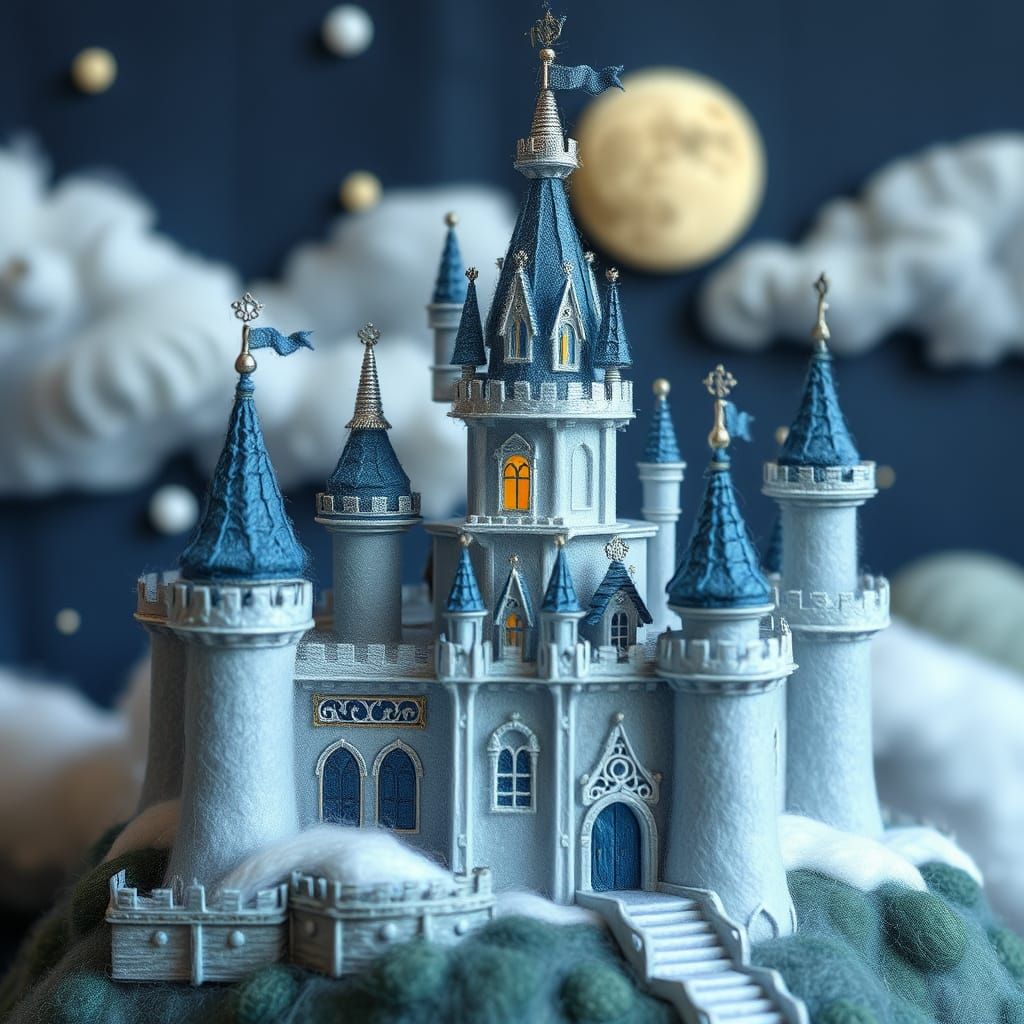 Whimsical Blue and Silver Needle Felted Castle