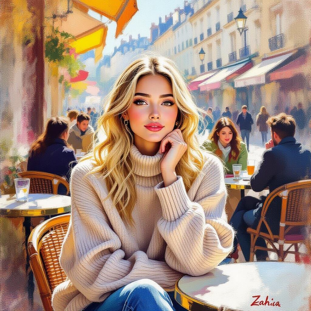 Zahia in Sunlit Cafe, Impressionistic Style