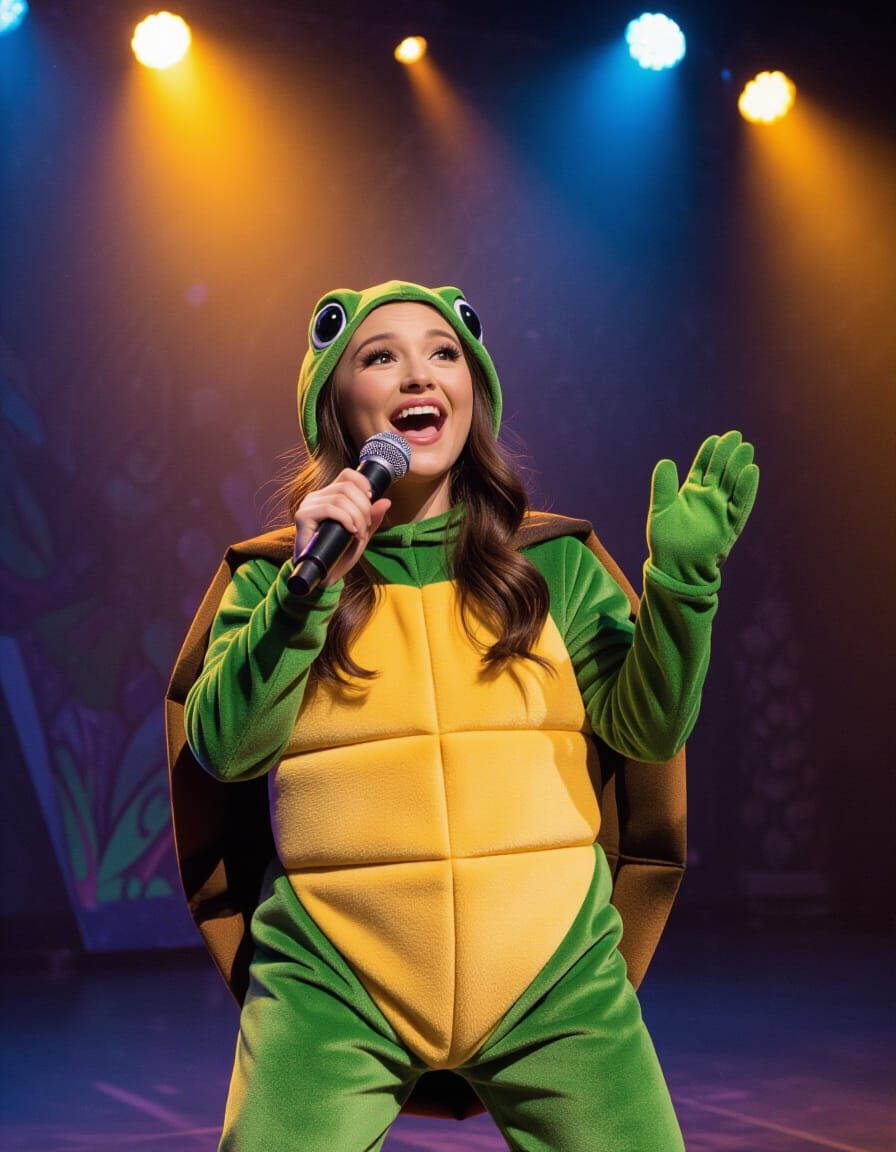 Turtle Costume Singer on Stage in Spotlight
