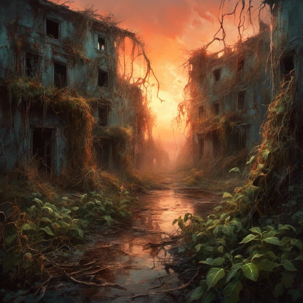 Macabre Abandoned Beach Town Sunset Graffiti Art