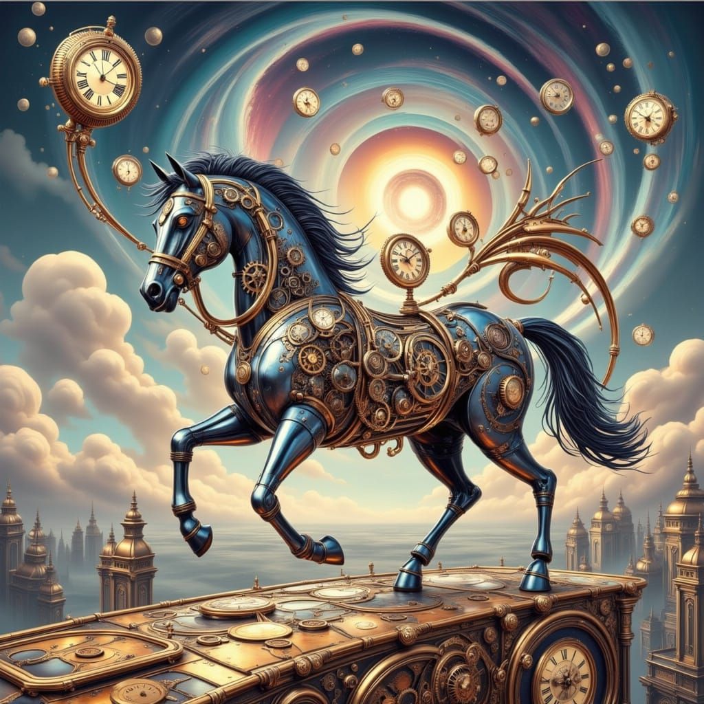 Majestic Clockwork Horse with Wings Galloping in Dreamlike L...