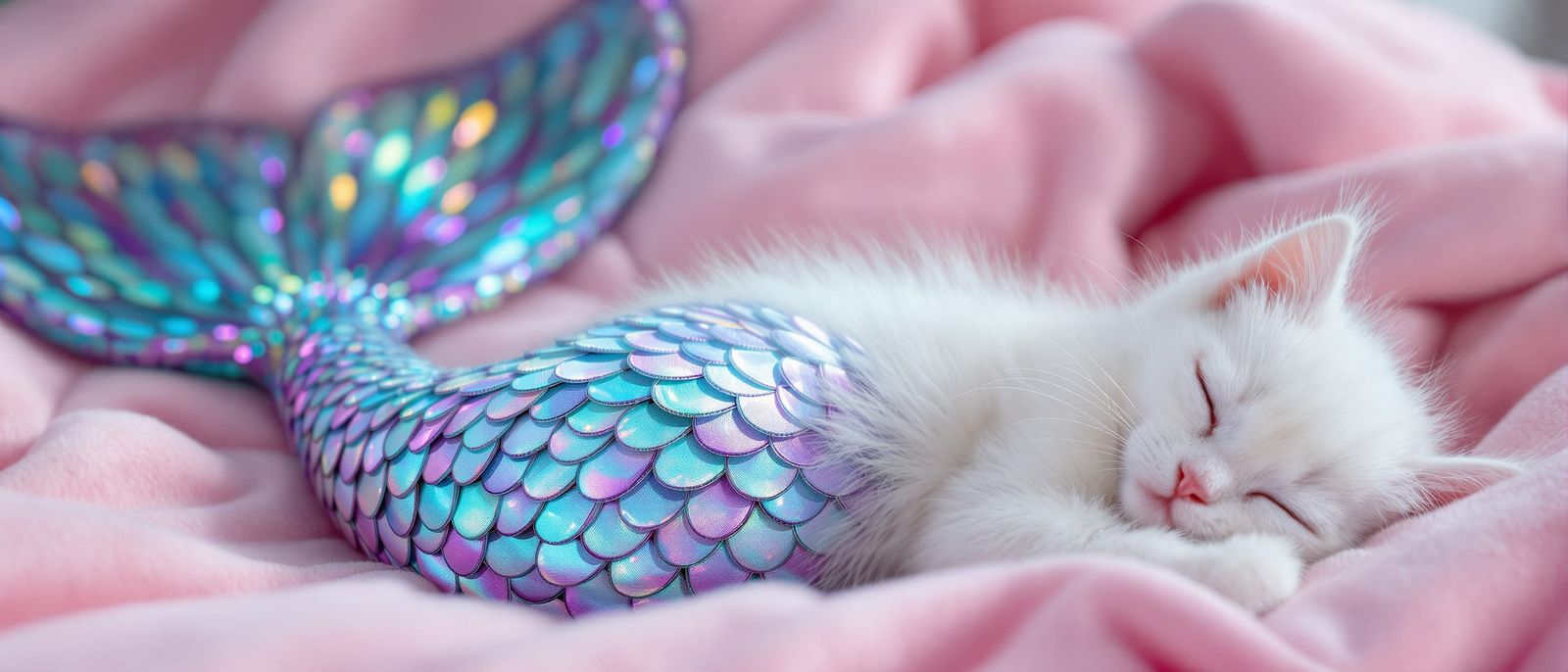 Hyperrealistic Kitten with Mermaid Tail on Pink Blanket