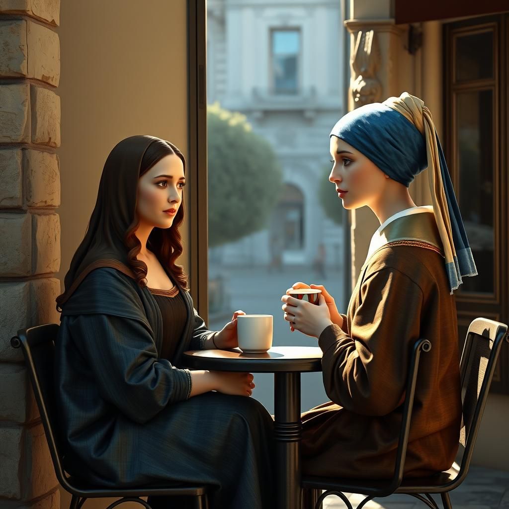 Mona Lisa and Girl Chat at Cafe
