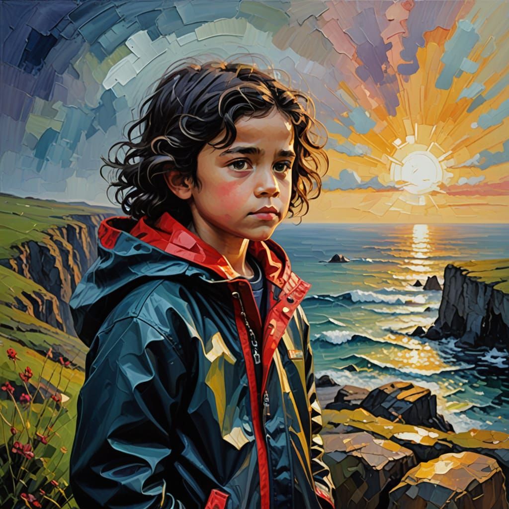 Soulful Youth Gazing Out to Sea in Vibrant Impasto Oil Paint...