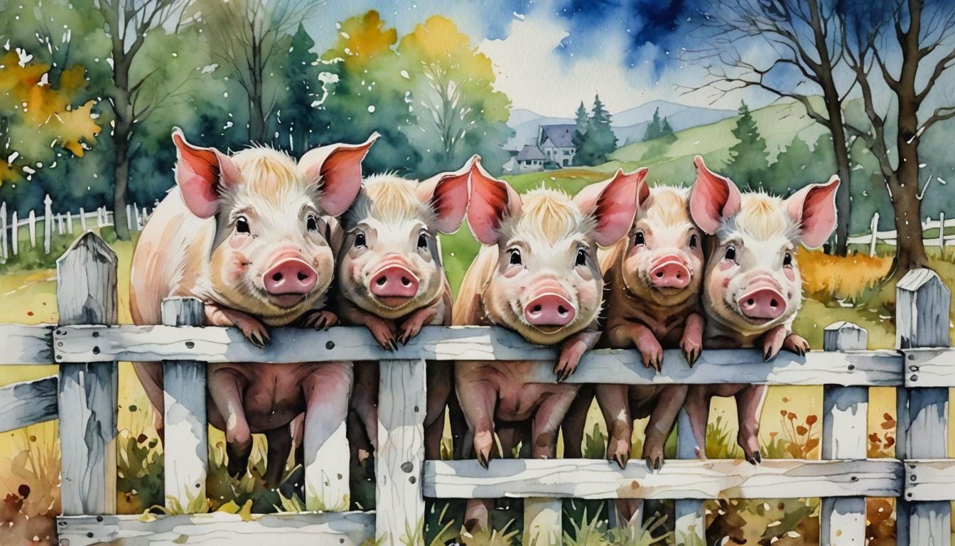 Pigs Behind a White Fence in Watercolor Style
