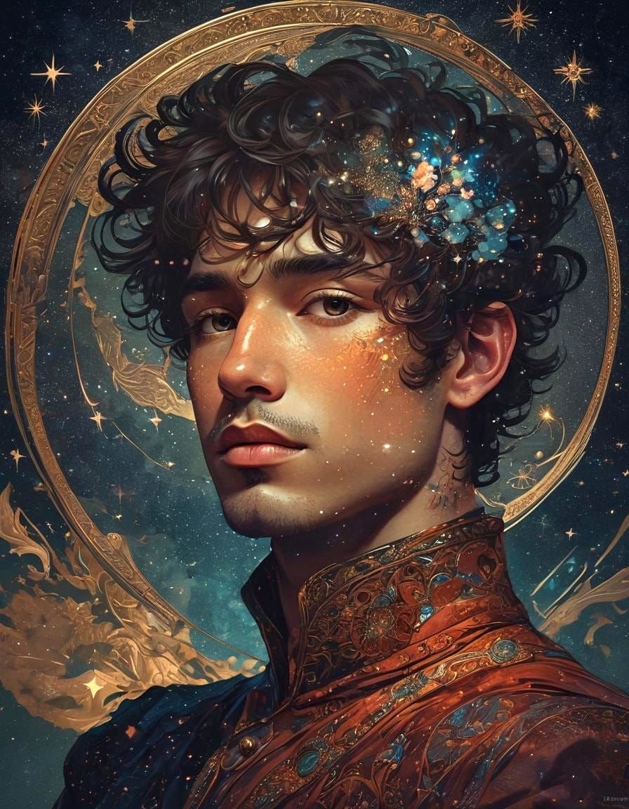 Surreal Starry Portrait in Art Nouveau Style