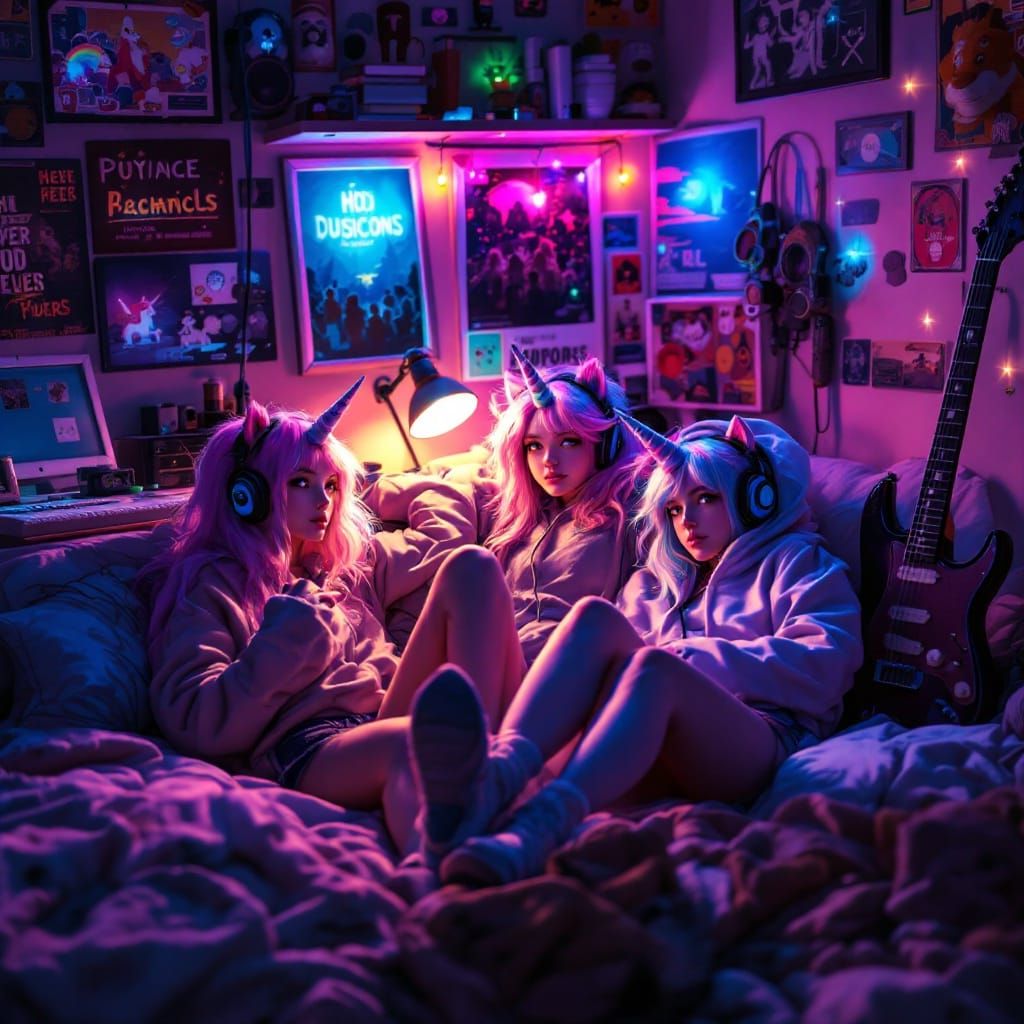 Furry Unicorn Girls in Cozy Geeky Bedroom