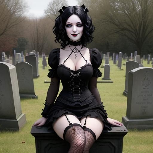 Goth Woman with Steampunk Engine in Cemetery