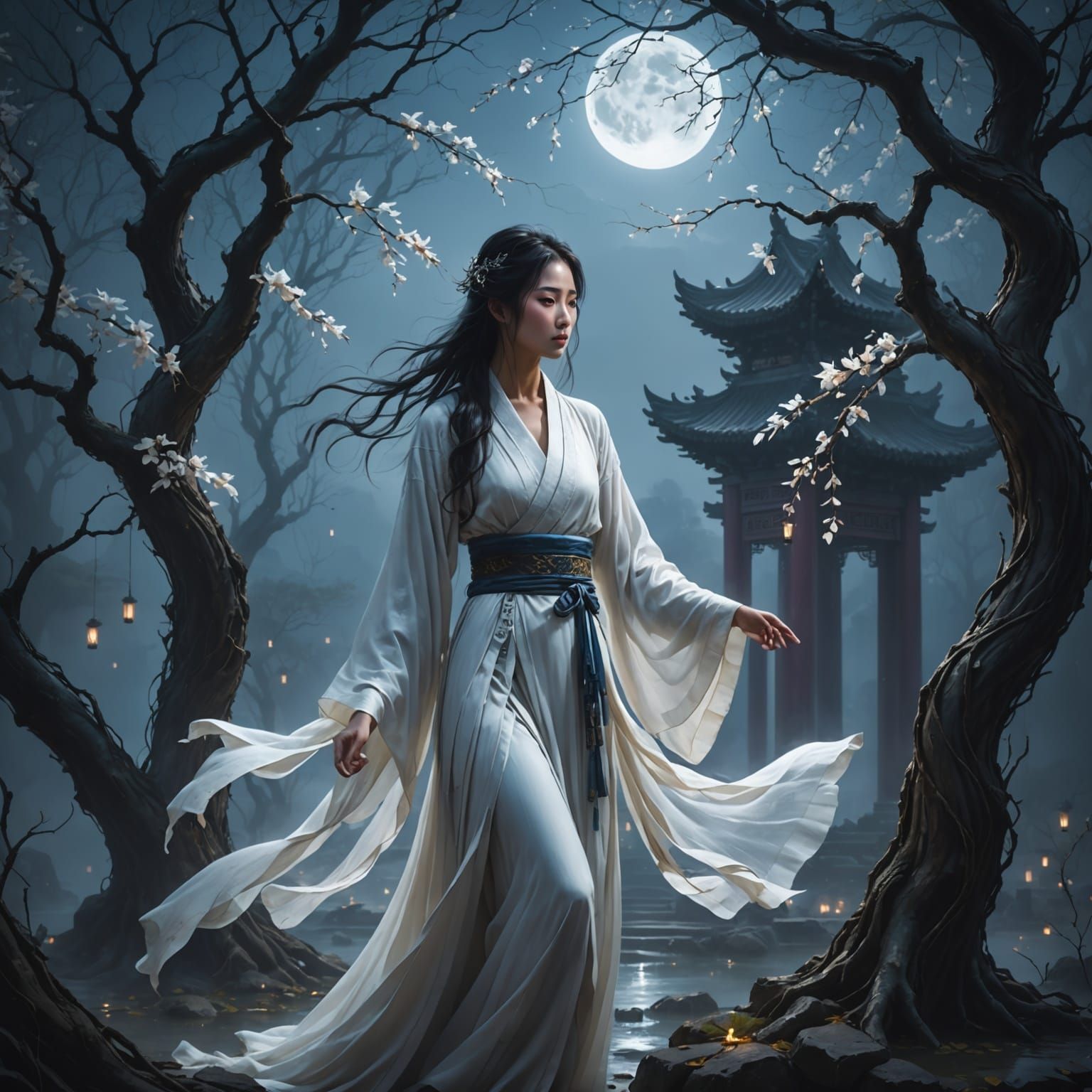 Ethereal Ghost Maiden Under Moonlit Willow Tree