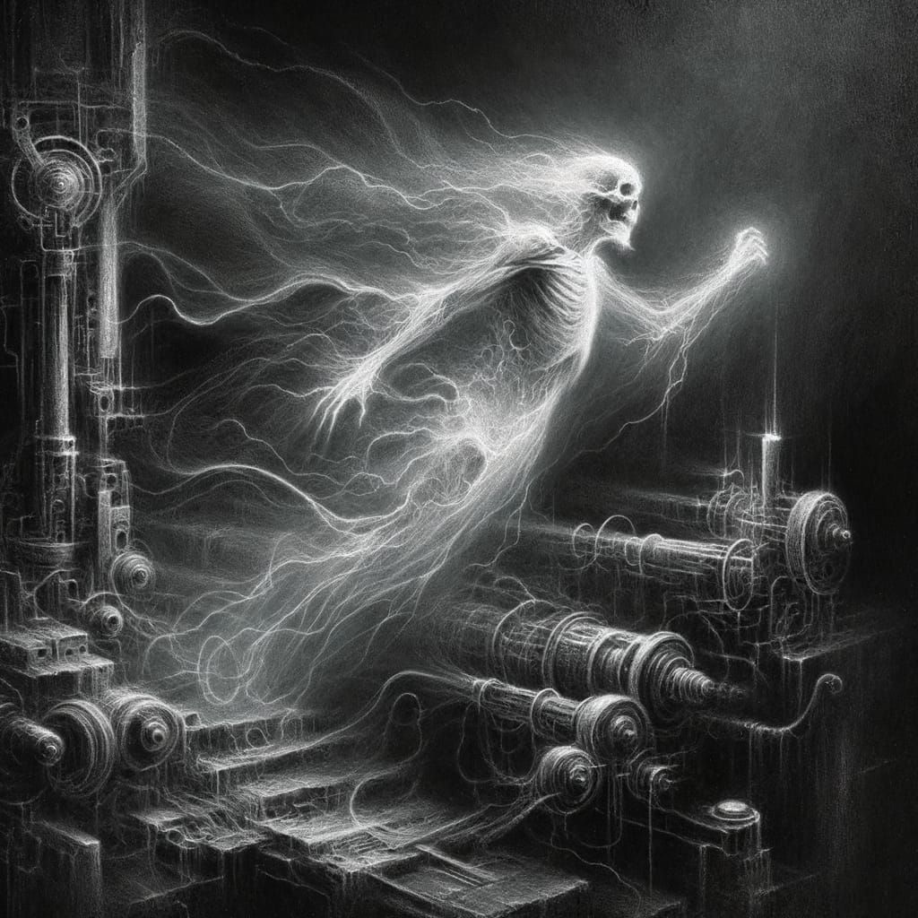 Ghostly Energy Figure Transcends Ruined Android Shell in Eth...