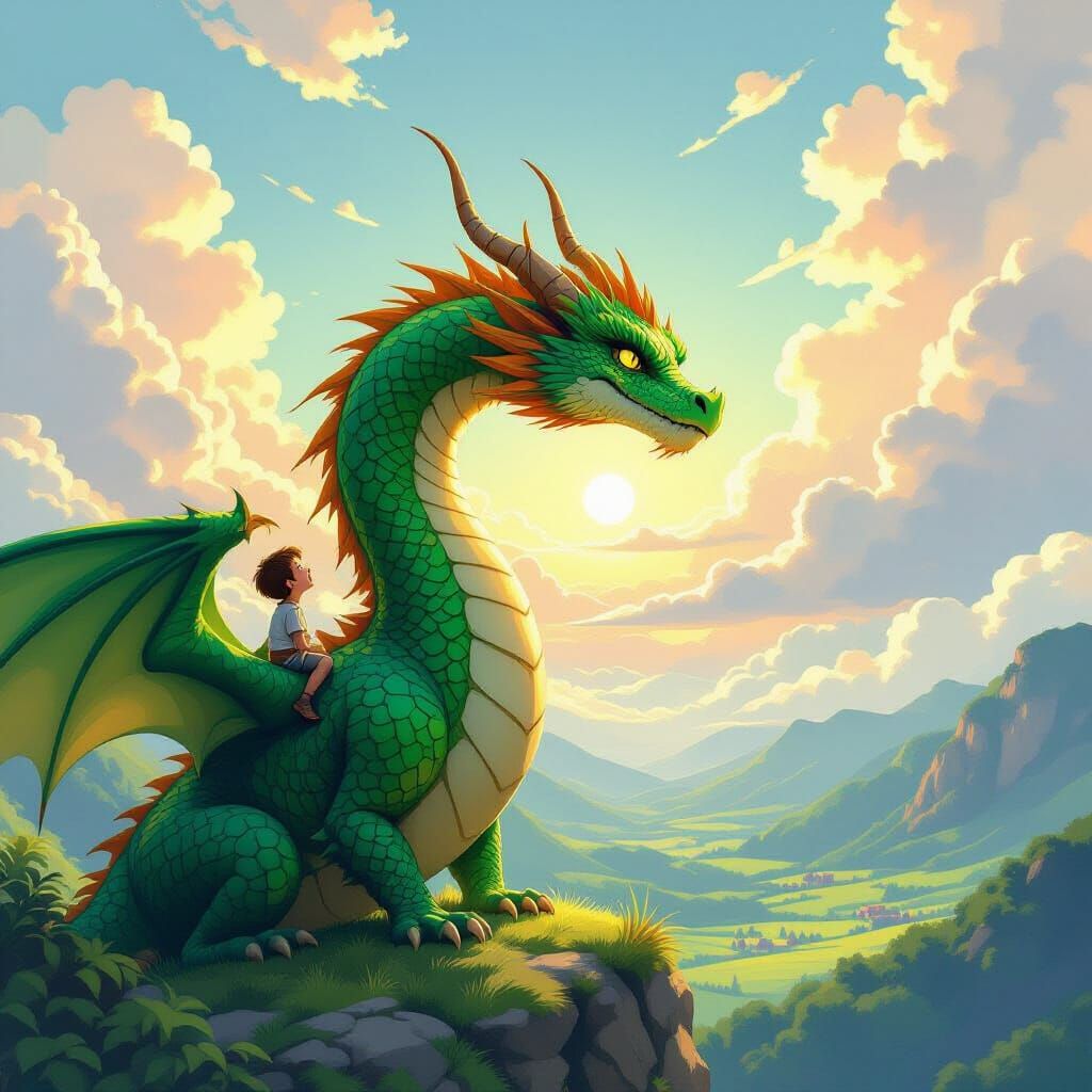 Dragon and Boy Soaring Through Clouds in Golden Hour