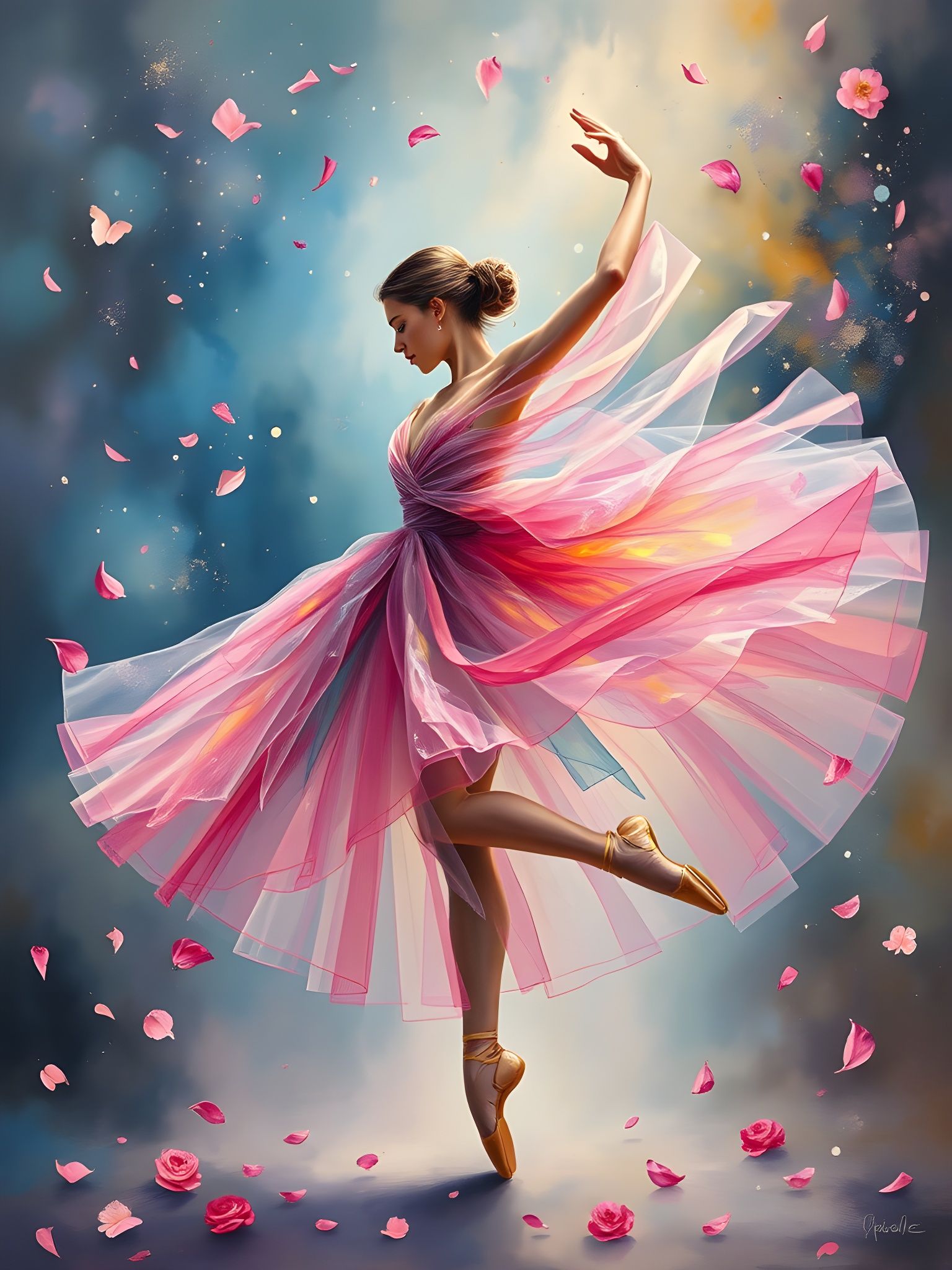Ethereal Ballerina in Iridescent Tulle, Impasto Painting