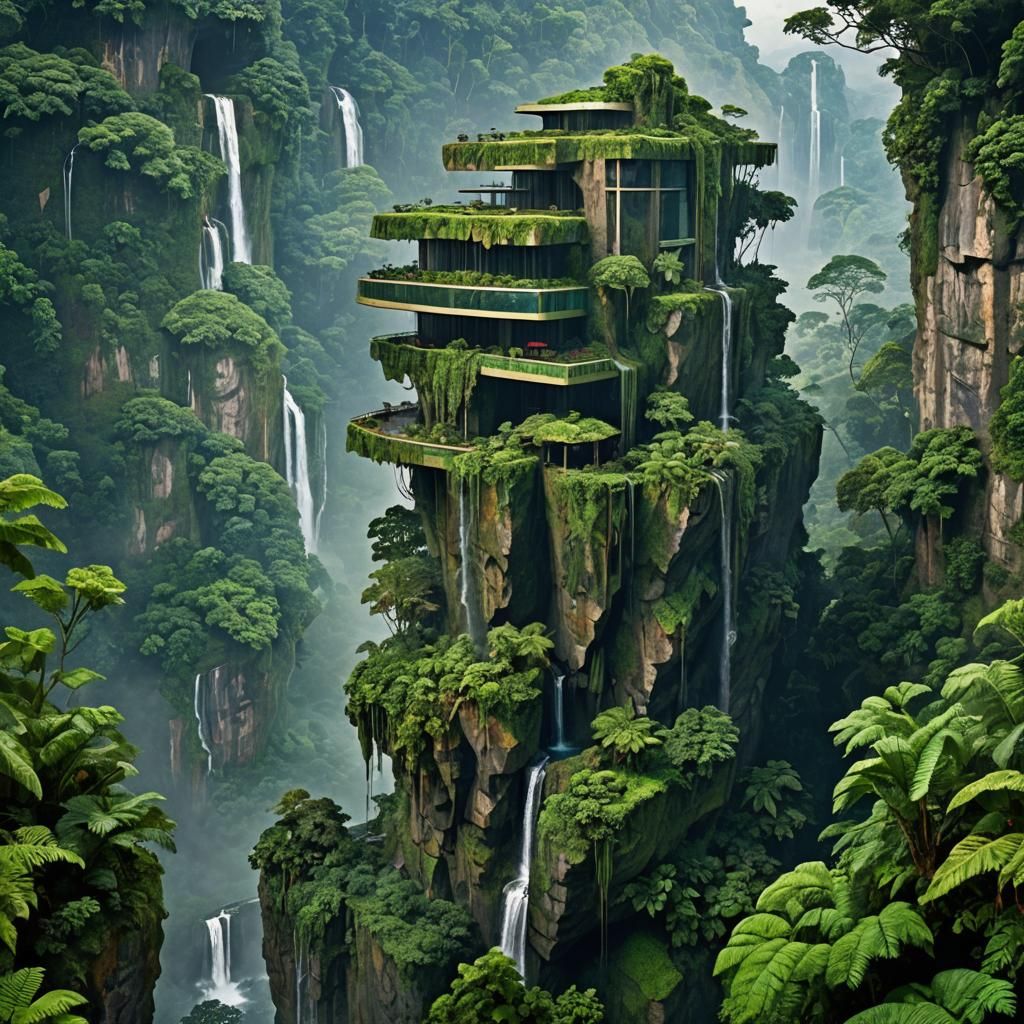 Futuristic Building Amidst Rainforest and Waterfall