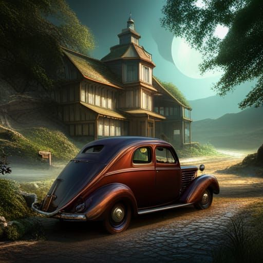 Detailed Matte Painting of a Vintage Car
