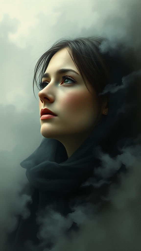 Contemplative Woman in Dreamlike Surrealist Landscape