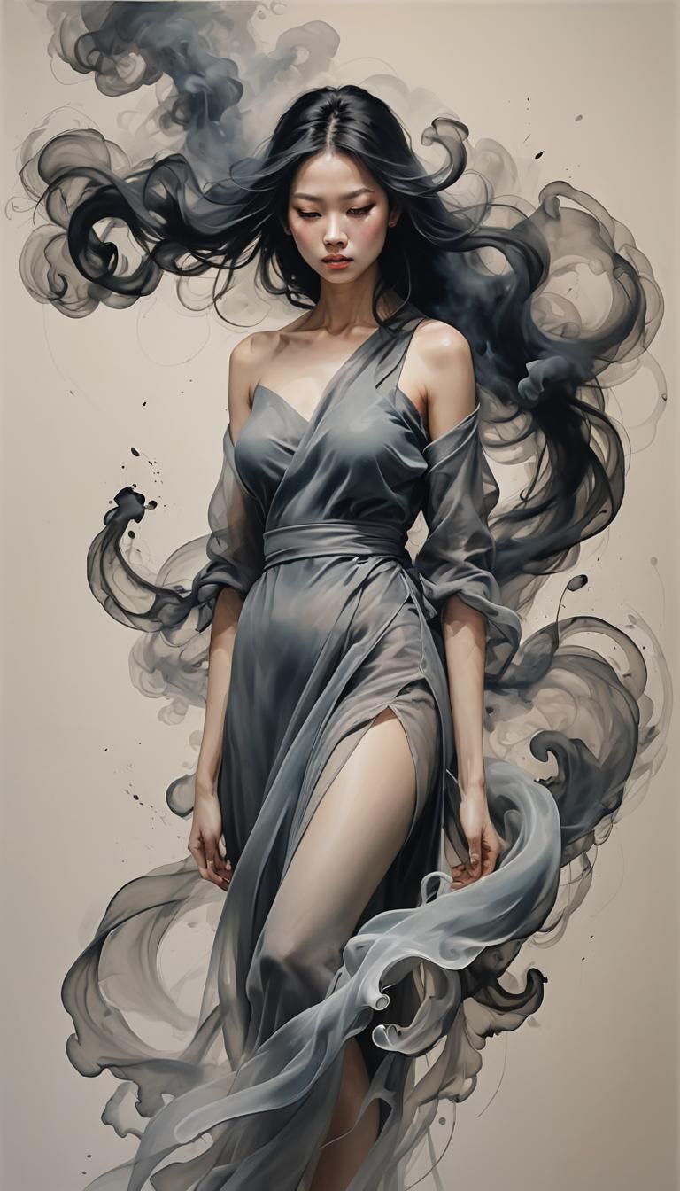 Tachisme Painting of Woman Dissolving Into Smoke