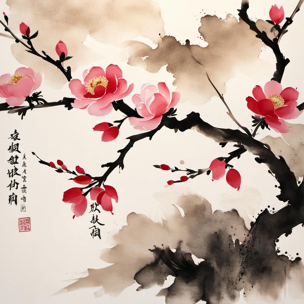 Camellias in Muted Chinese Ink Painting Style