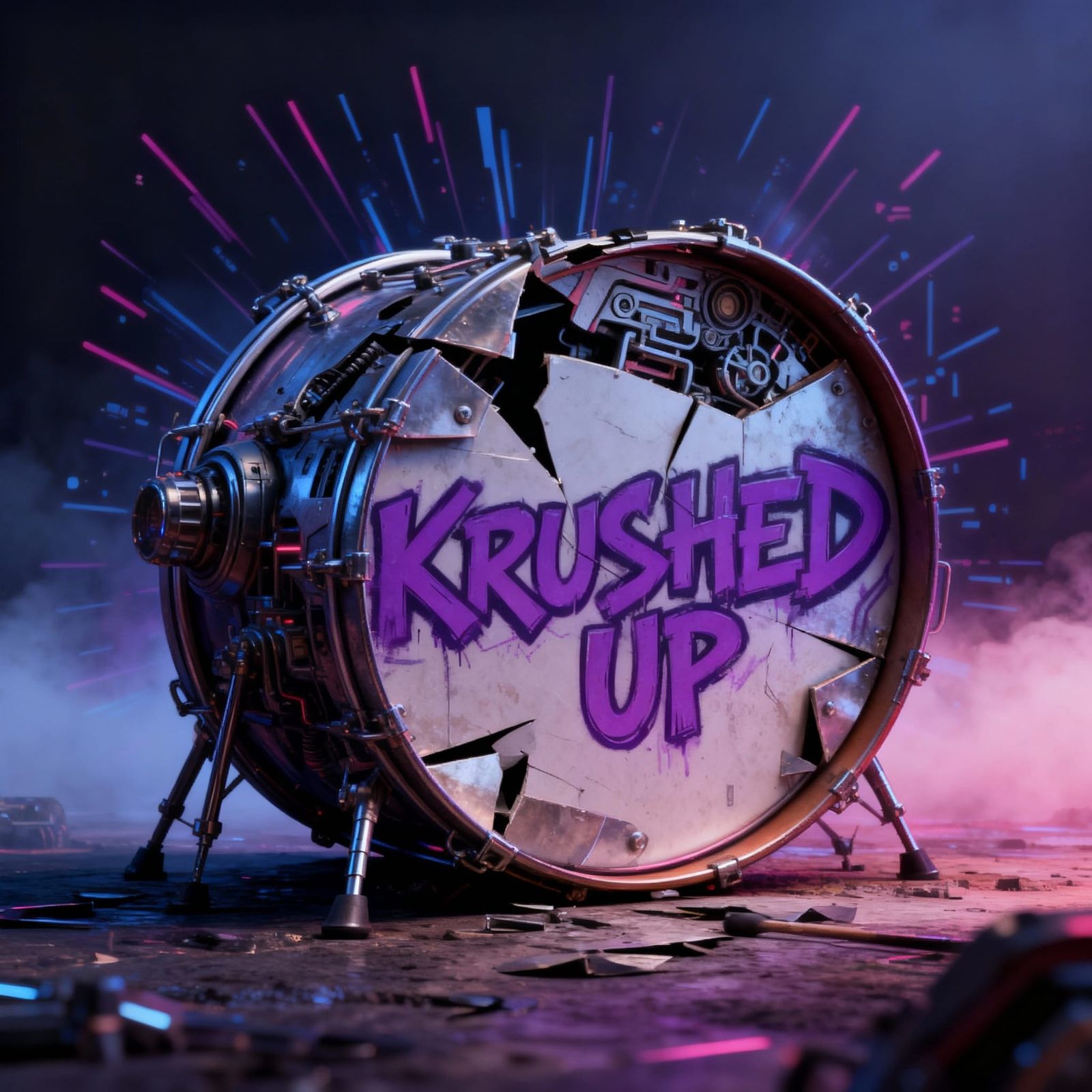 KRUSHED UP Title with Broken Snare Drum in Sci-Fi Style