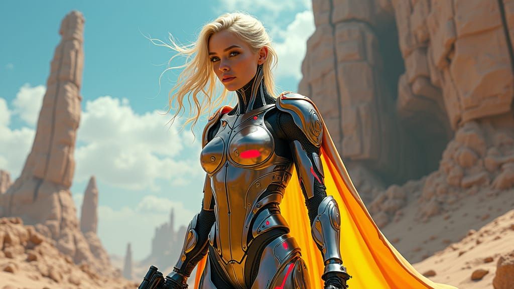 Blonde Cyborg Woman in Avant-Garde Cubist Outfit