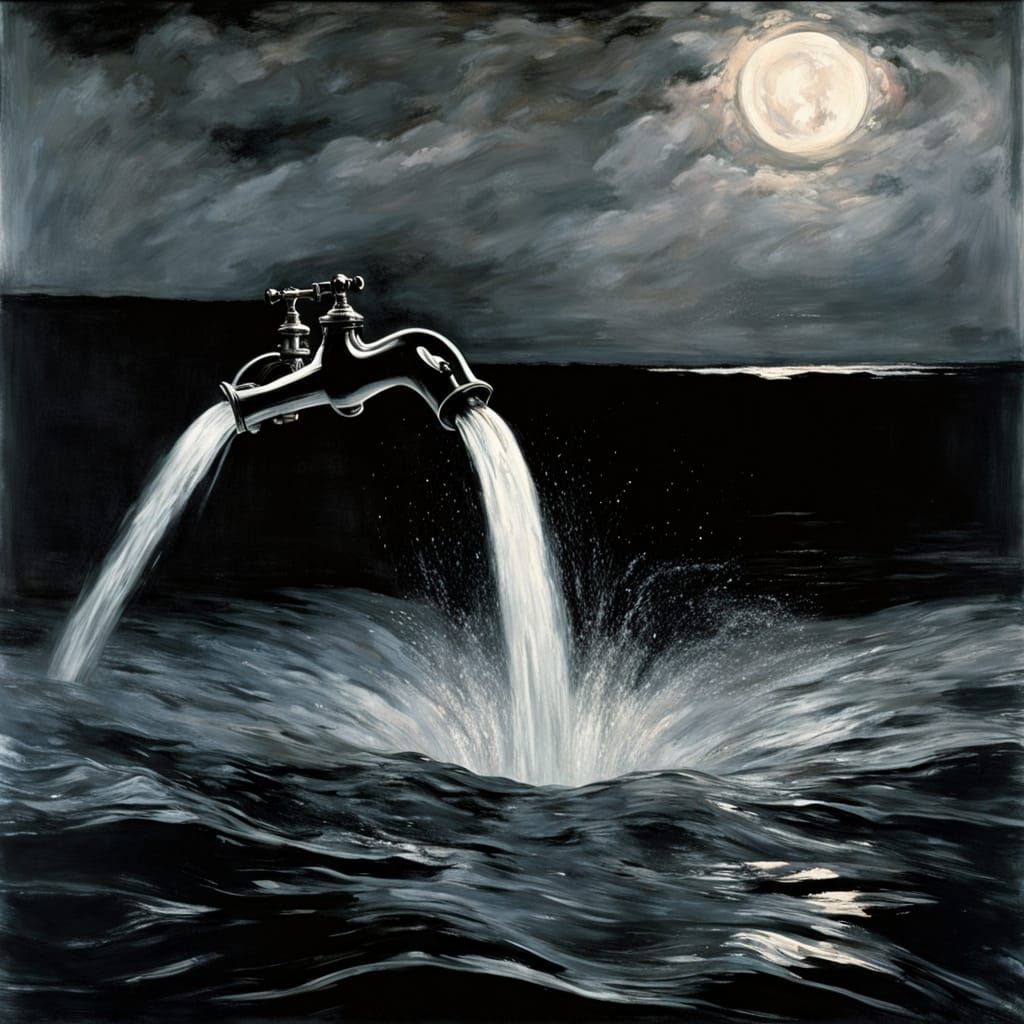 Surreal Faucet in Sky Streams Water into Void Lake