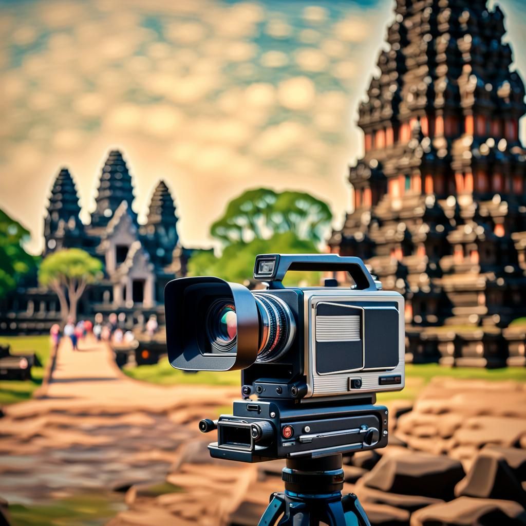 Angkor Wat Ruins with Vintage Camera in Expressionist Style