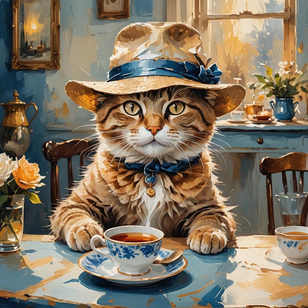 Cat Sipping Tea with Hat in Oil Paint Style