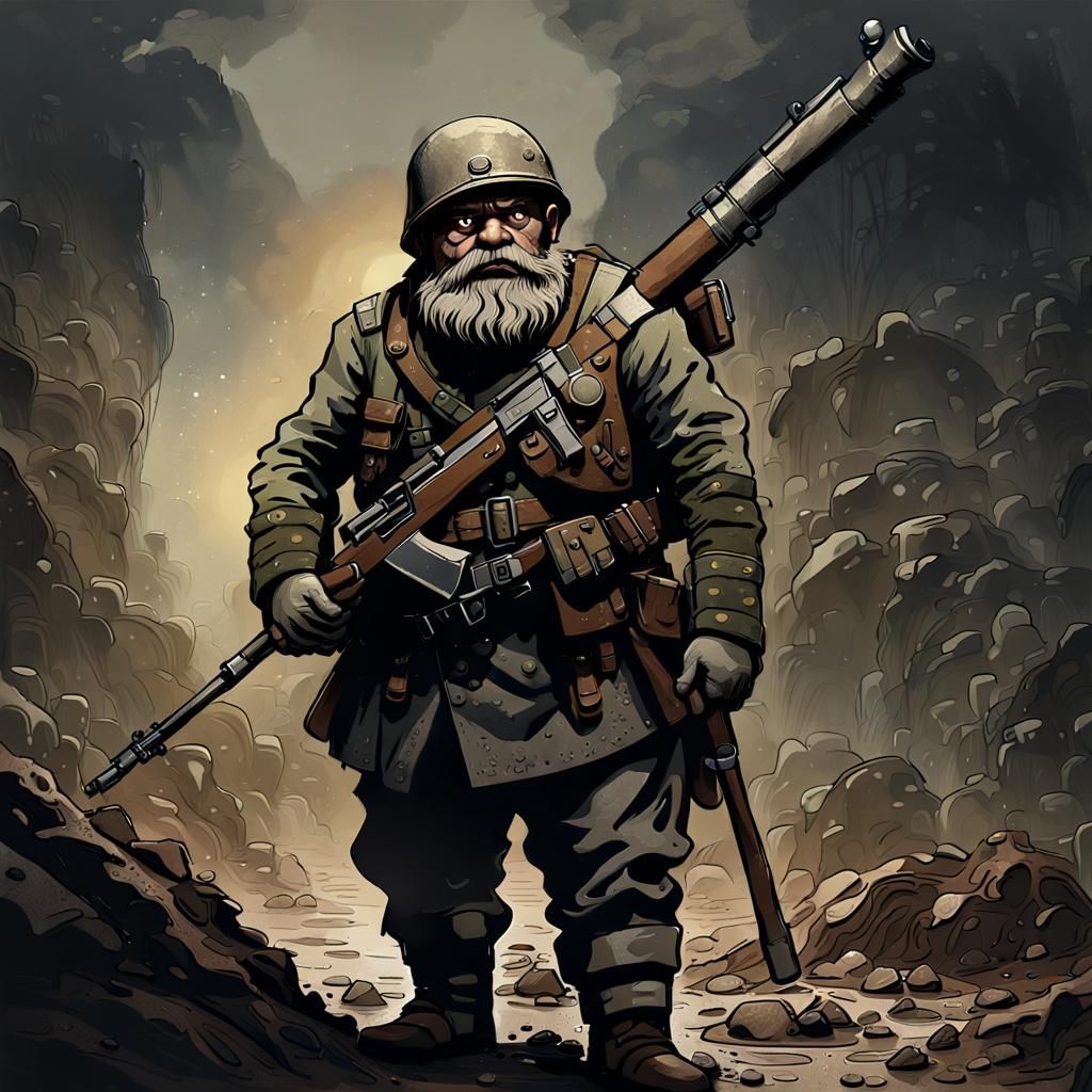 WWI Dwarf Soldier Concept Art in Grimdark Style