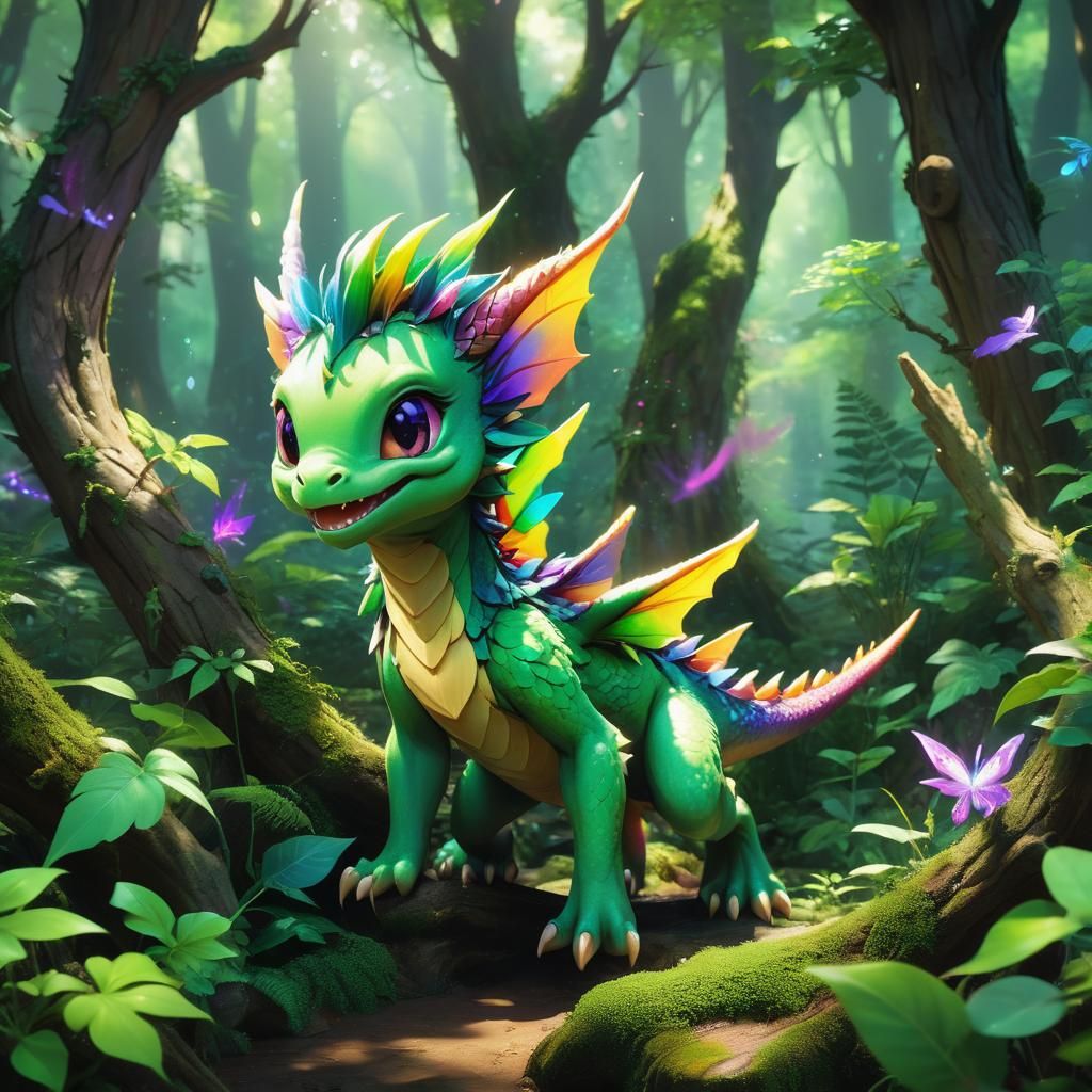 Vibrant Green Fairy Dragon in Verdant Forest