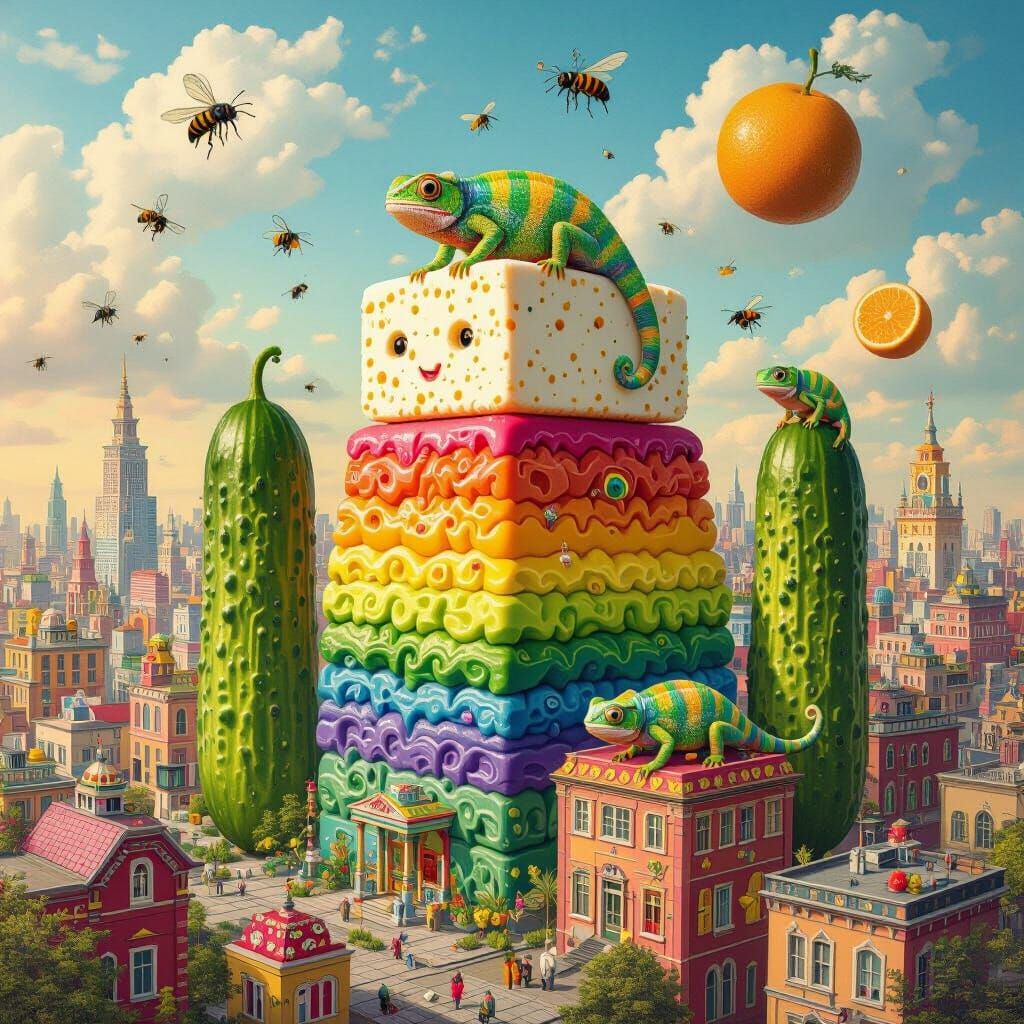 Surreal Tofu Pickle Cityscape with Rainbow Chameleons
