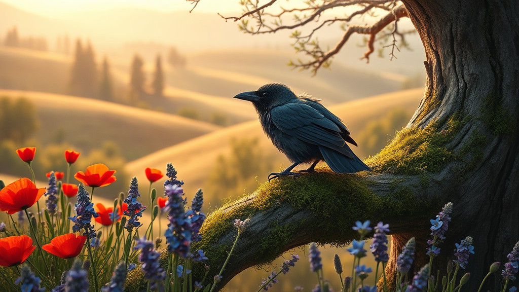 Fluffy Raven in Wildflower Tapestry: Hyper-Realistic Art