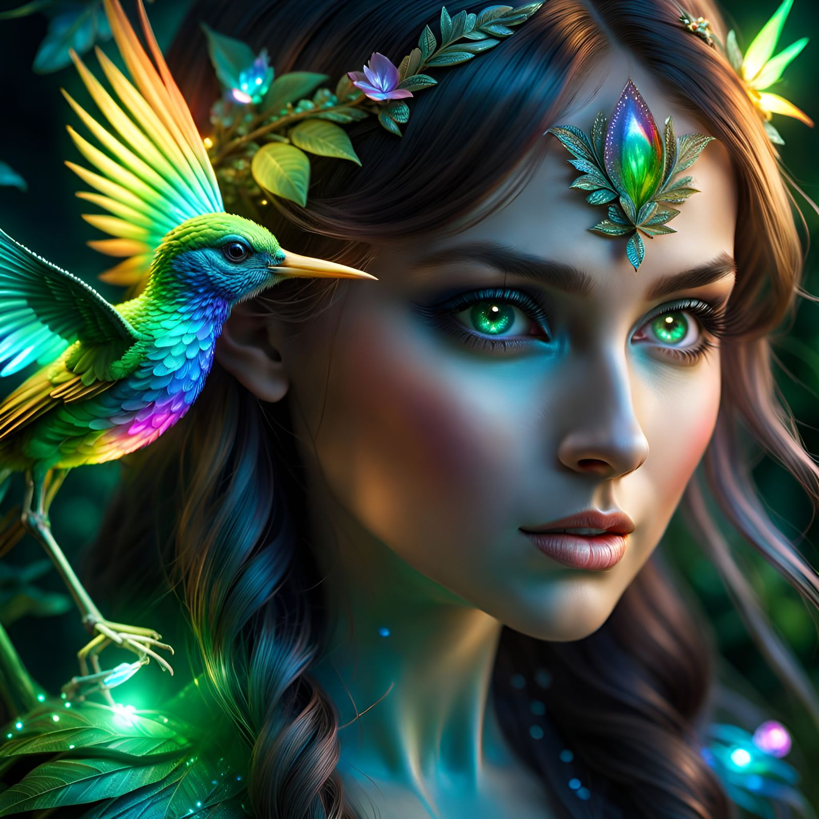 Enchanted Elf with Glowing Bird in Fantasy Forest