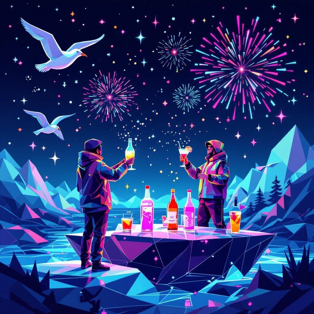 Vibrant Low Poly Market with Glitch Art Elements