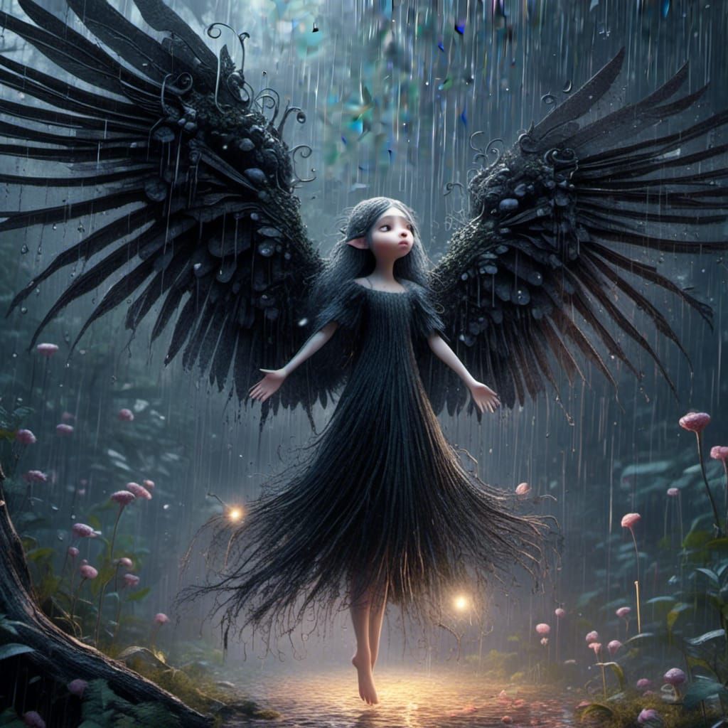 Fairy and Raven in Rain