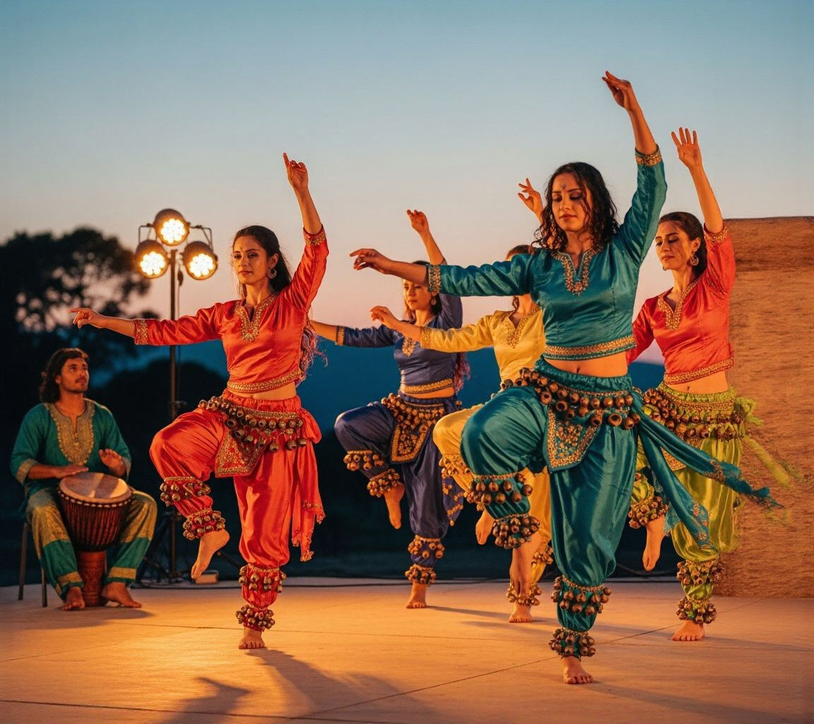 Drummer and Dancers in Colorful Silks