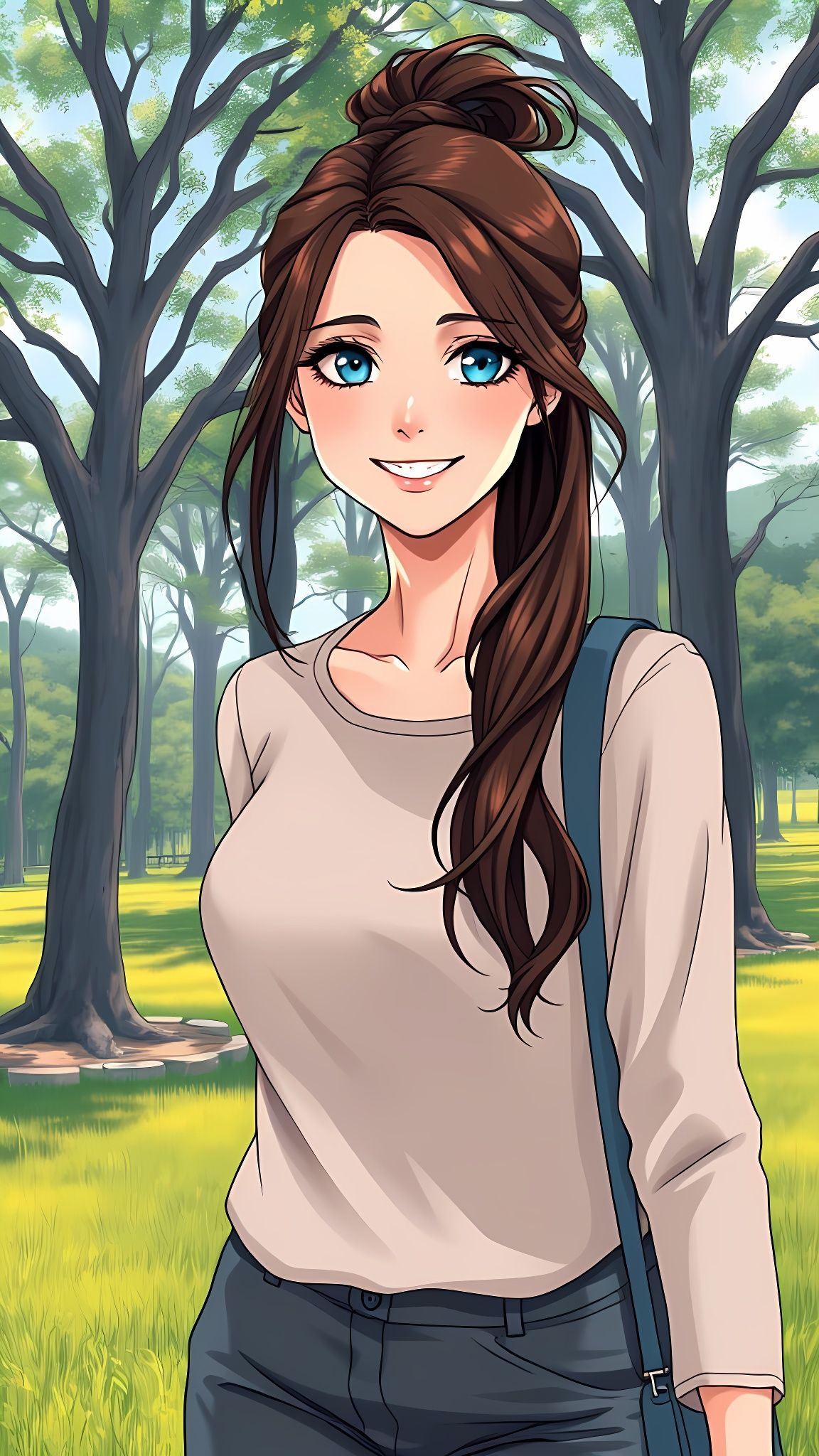 Woman Walks in Park, Manga Style Portrait