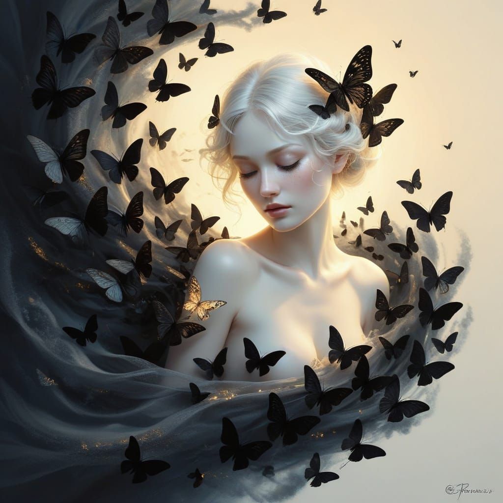 Ethereal Woman Dissolving into Moths: Surreal Illustration
