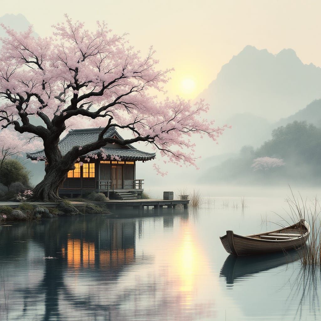 Japanese House and Blossoms at Sunset