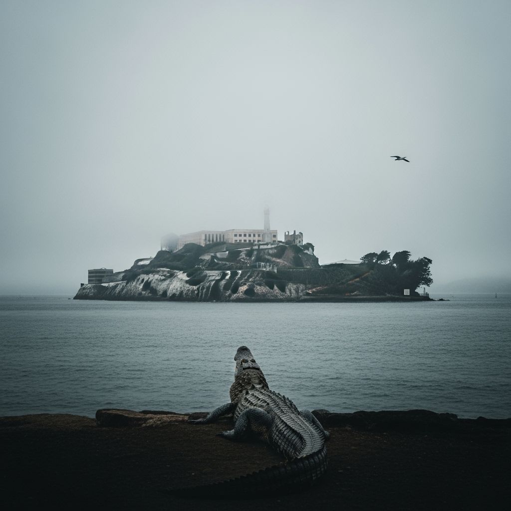 Alligator on Alcatraz in Concept Art Style