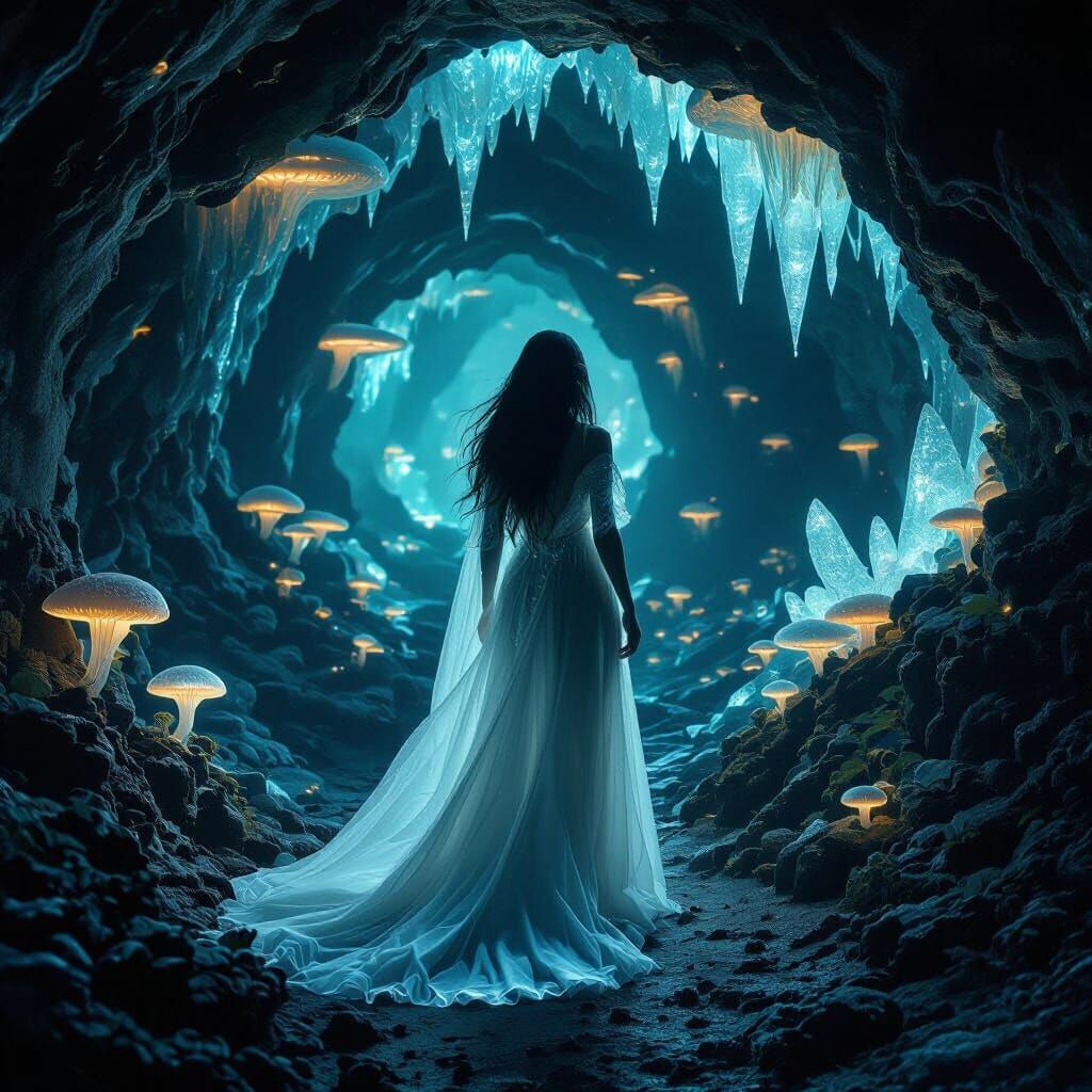 Ethereal Figure in Bioluminescent Cavern: Photorealistic Art